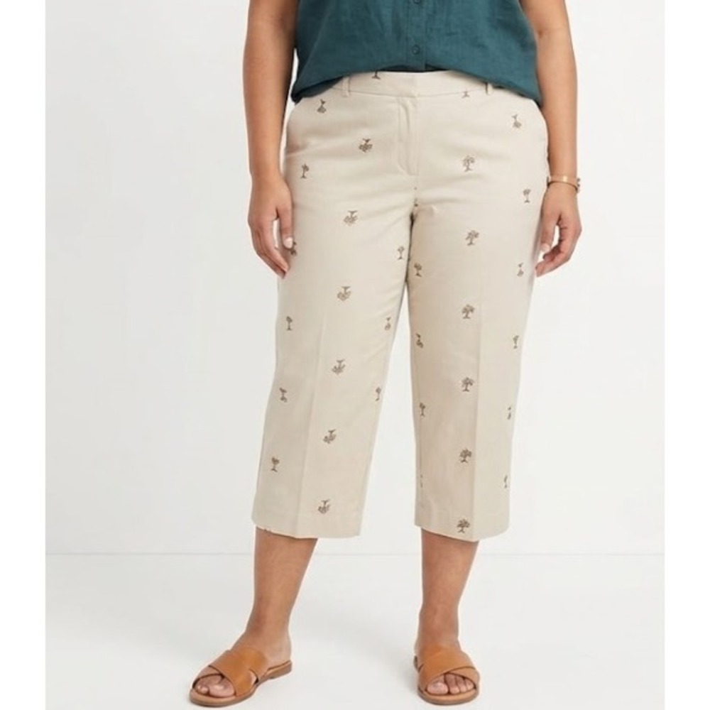 New JM Collection‎ Beige Tropical Embroidered Straight Leg Crop Pants Size 24W